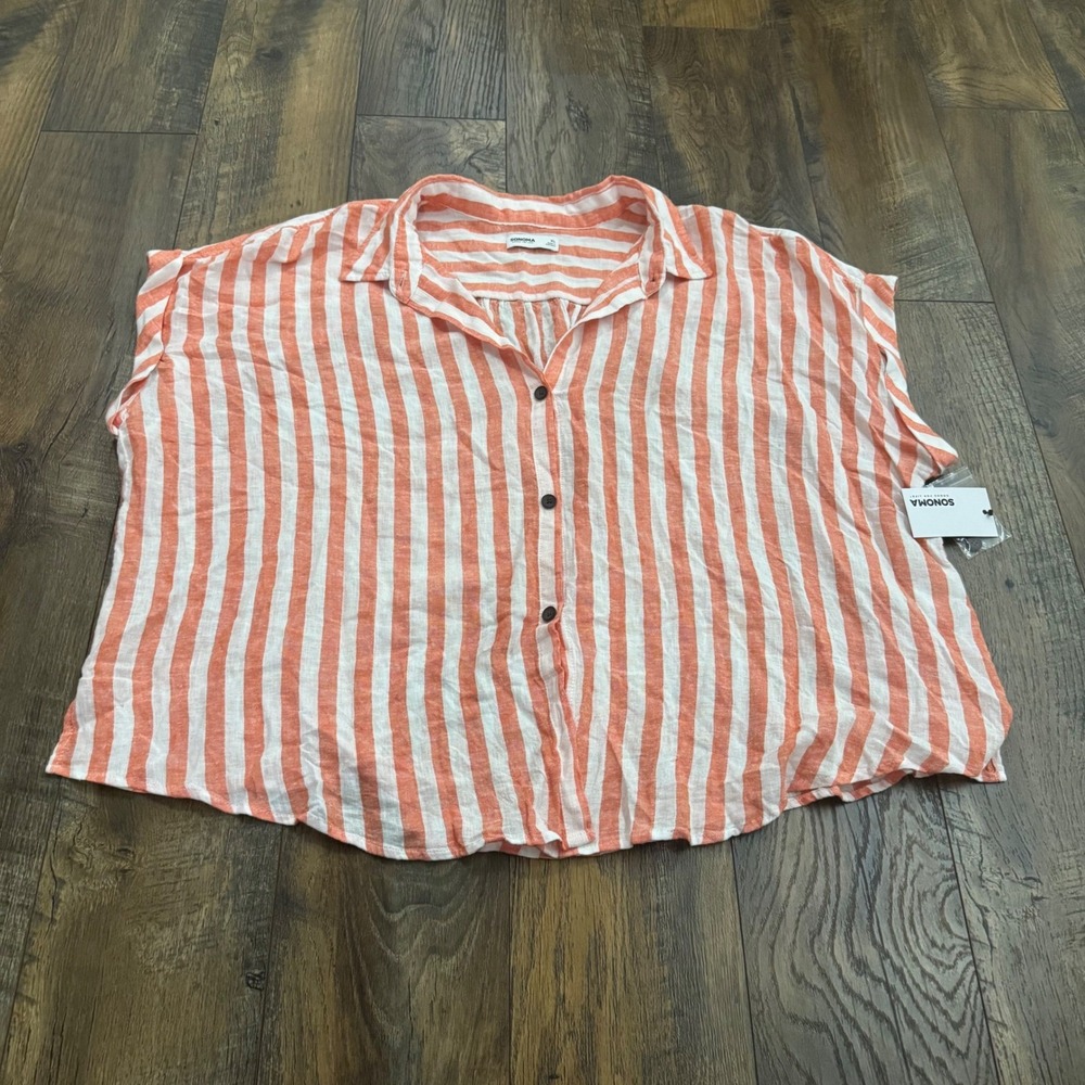 Sonoma Linen Blend Striped Coral White Button Down Shirt XL Relaxed NEW Coastal